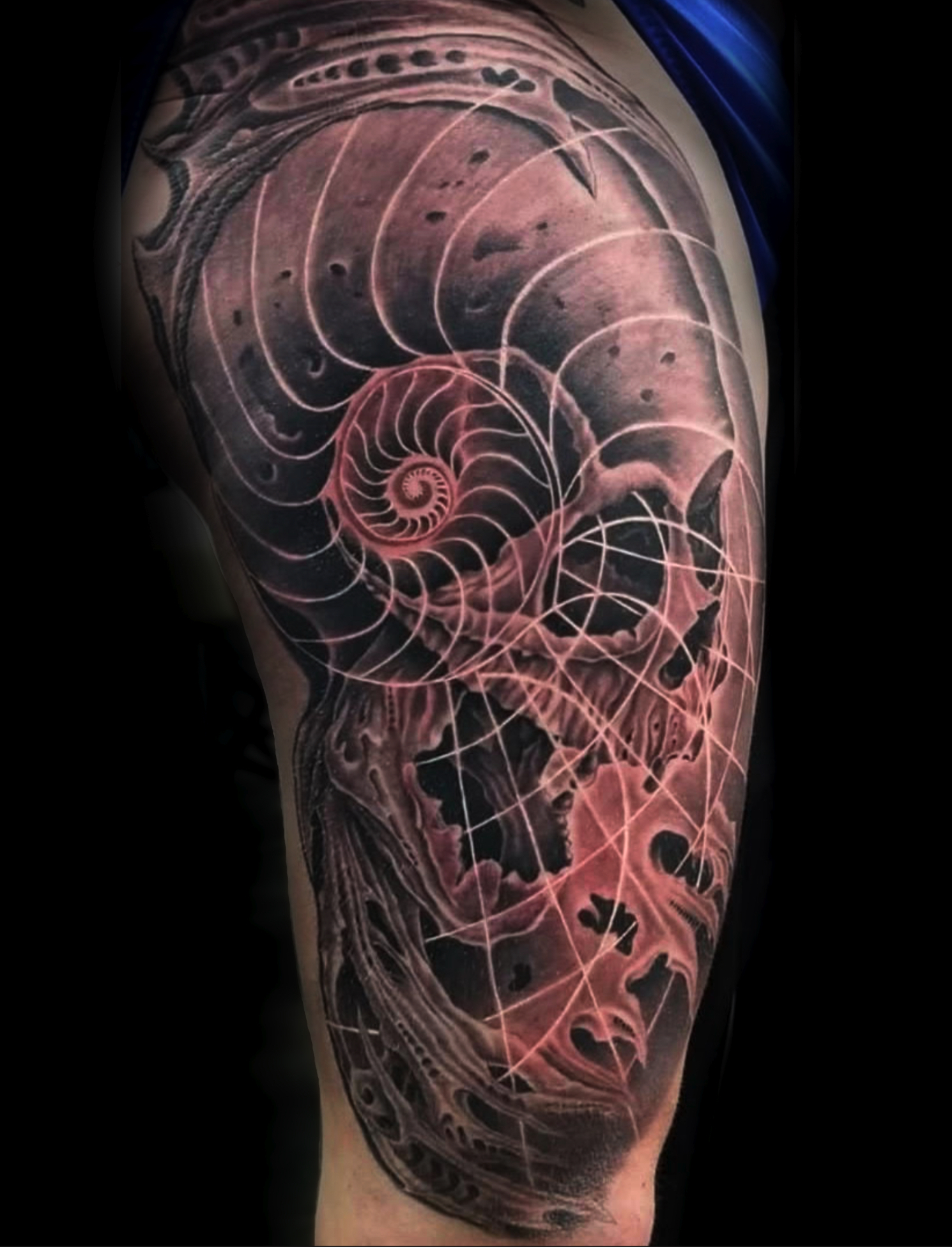 Black and grey biomechanical thigh tattoo featuring a nautilus spiral and skull with geometric line work